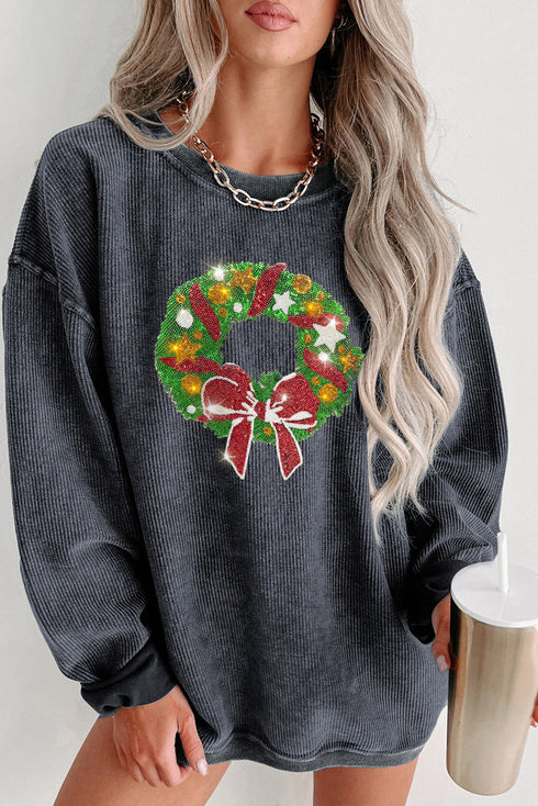 Gray Christmas Wreath Print Corded Pullover Sweatshirt